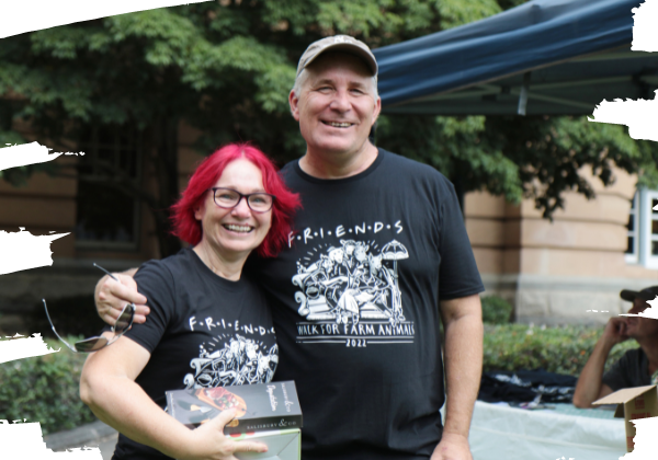 Volunteering with Farm Animal Rescue. Founder Brad and a volunteer at the Walk for Farm Animals.